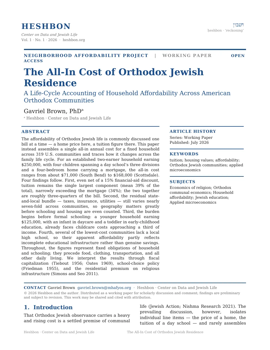First page of the whitepaper The All-In Cost of Orthodox Jewish Life