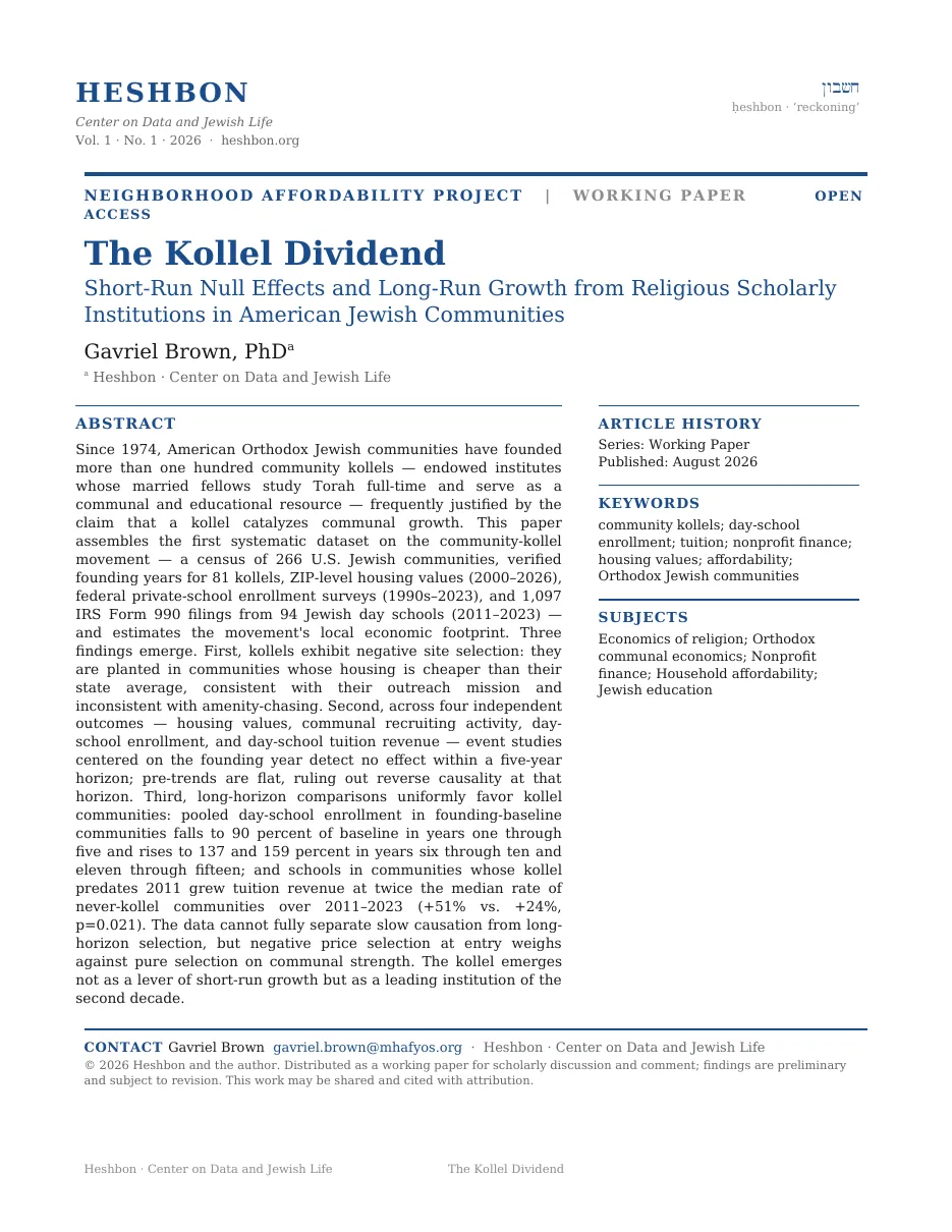 First page of the whitepaper The Kollel Dividend