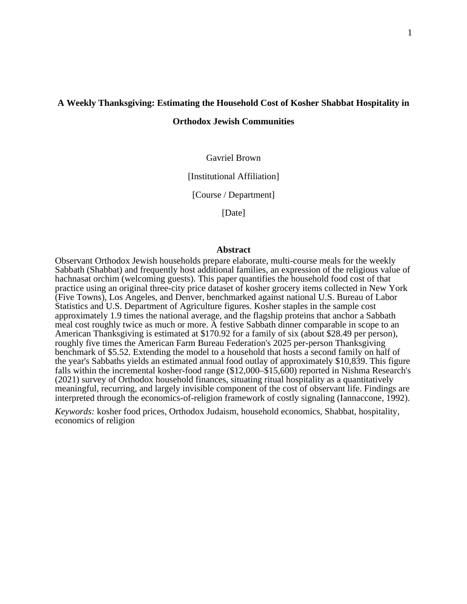 First page of the whitepaper The Cost of Kosher Shabbat Hospitality