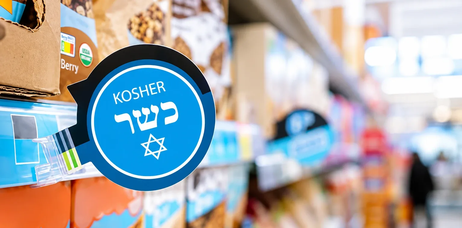 A kosher certification tag clipped to a supermarket shelf edge, reading KOSHER above the Hebrew כשר, kosher, over boxed cereal