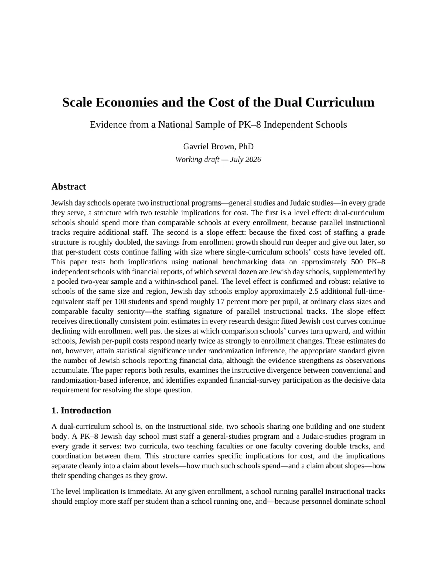 First page of Scale Economies and the Cost of the Dual Curriculum